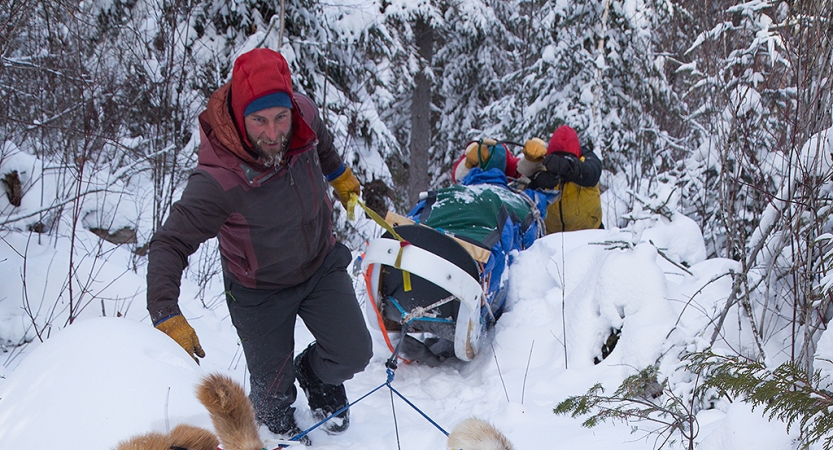 A person pulls a sled through a snowy wooded area